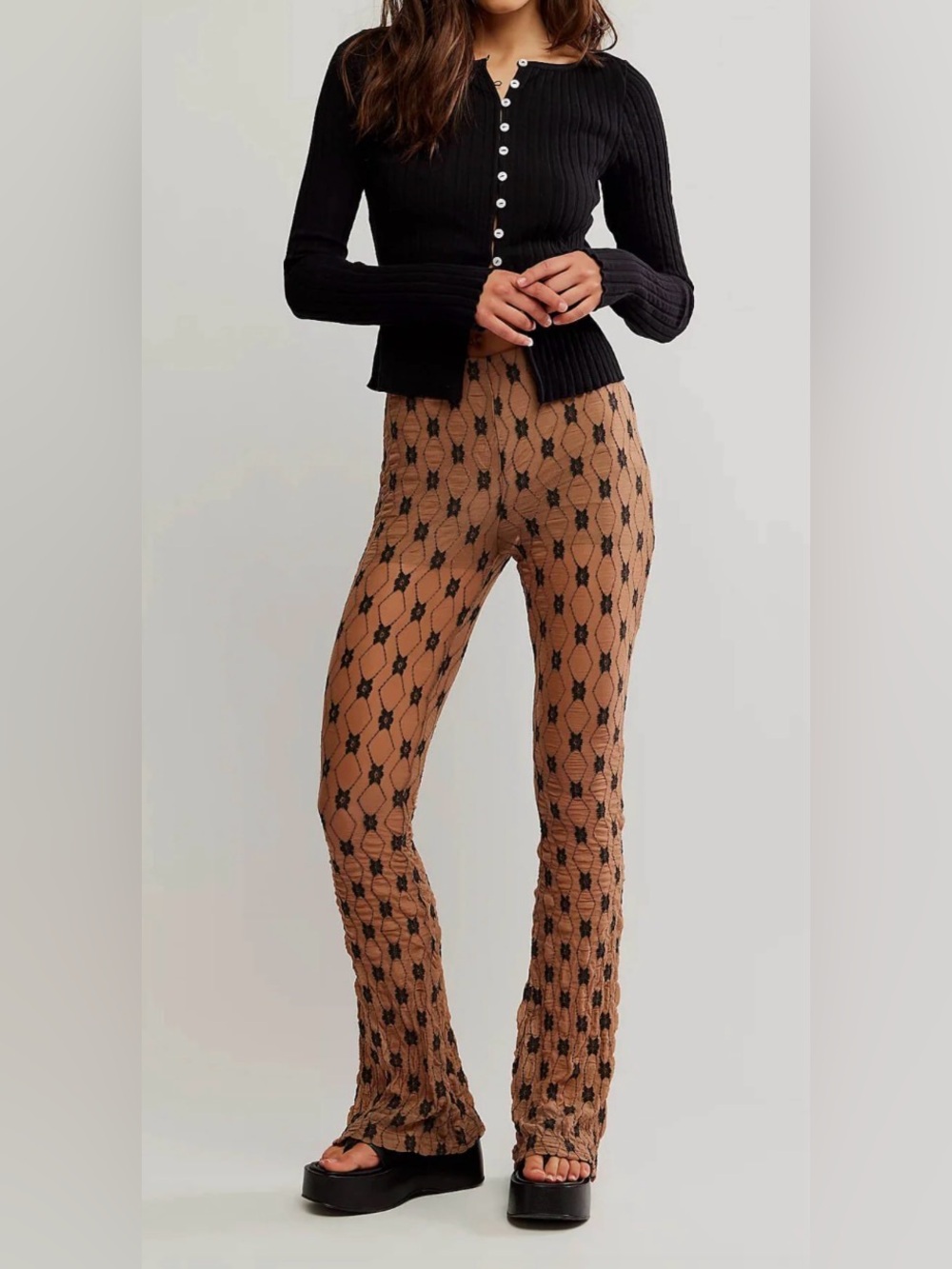 Free People Margot Lace Flare Pants Brown Black XS $128 Y2K Boho Festival